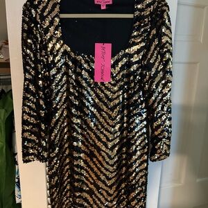 Betsey Johnson Black and Gold Sequin Long Sleeve Dress